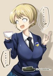 Rule 34 | ..., 1girl, black necktie, blonde hair, blue eyes, blue skirt, blue sweater, braid, brown background, churchill (tank), commentary, cup, darjeeling (girls und panzer), dress shirt, earrings, emblem, empty eyes, english text, female focus, girls und panzer, highres, holding, holding cup, jewelry, koujouchou, long sleeves, looking to the side, military, military vehicle, motor vehicle, necktie, open mouth, pleated skirt, school uniform, shadow, shirt, short hair, skirt, smile, solo, spoken ellipsis, st. gloriana&#039;s school uniform, standing, stud earrings, sweater, tank, tea, teacup, twin braids, upper body, v-neck, white shirt, wing collar