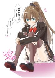 Rule 34 | 1girl, anger vein, blue eyes, brown hair, brown legwear, brown skirt, cardigan, commentary request, dated, full body, high ponytail, highres, kantai collection, kumano (kancolle), long hair, one-hour drawing challenge, orange cardigan, panties, pantyshot, pleated skirt, ponytail, remodel (kantai collection), school uniform, shadow, signature, simple background, sitting, skirt, solo, translation request, underwear, usami (50-point caliper), white background, white panties