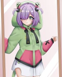 Rule 34 | 1girl, absurdres, androxg, closed mouth, commission, eien project, frog, green eyes, highres, hood, hoodie, mirror, nose, purple-hair, shirt, short hair, skirt, smile, virtual youtuber, zumi dokumi