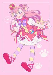 Rule 34 | 1girl, :3, blonde hair, clenched hand, crown, cure wonderful, dot nose, dress, floating, hand up, heart, highres, inukai komugi, layered dress, legs apart, long hair, looking at viewer, magical girl, multicolored hair, mznk 81, open mouth, outline, paw print, pink background, pink footwear, pink hair, precure, puffy short sleeves, puffy sleeves, purple eyes, purple thighhighs, red dress, red footwear, short dress, short sleeves, simple background, solo, spoken heart, thighhighs, two-tone hair, two-tone thighhighs, two side up, white outline, wonderful precure!, yellow thighhighs