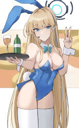 Rule 34 | 1girl, animal ears, blonde hair, blue archive, blue eyes, blue leotard, bottle, breasts, covered navel, cowboy shot, detached collar, fake tail, highres, holding, holding tray, leotard, long hair, looking at viewer, medium breasts, official alternate costume, rabbit ears, ref (pmxt4483), solo, strapless, strapless leotard, tail, thighhighs, toki (blue archive), toki (bunny) (blue archive), tray, v, white thighhighs, wrist cuffs