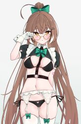 Rule 34 | 1girl, absurdres, ahoge, arm behind back, bandaid, bandaid on arm, bikini, black bikini, black hair, blush, bow, bowtie, breasts, brown hair, commentary, crossed bangs, english commentary, garter belt, glasses, gloves, gluteal fold, green bow, green bowtie, hair between eyes, hair bow, hair ornament, hairclip, hand up, high ponytail, highres, hololive, hololive english, large breasts, long hair, looking at viewer, magui3, multicolored hair, nanashi mumei, navel, no pupils, o-ring, parted lips, pointy ears, puffy short sleeves, puffy sleeves, short sleeves, shrug (clothing), side-tie bikini bottom, sidelocks, simple background, solo, streaked hair, swimsuit, thigh gap, thighhighs, twitter username, very long hair, virtual youtuber, white background, white garter belt, white gloves, white hair, white thighhighs, white wrist cuffs, wrist cuffs, yellow-framed eyewear, yellow eyes