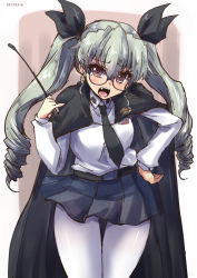 Rule 34 | 10s, 1girl, anchovy (girls und panzer), anzio school uniform, belt, black necktie, black ribbon, black skirt, blush, breasts, cape, cowboy shot, dated, dress shirt, drill hair, emblem, girls und panzer, glasses, hair between eyes, hair ribbon, hand on own hip, holding, long hair, long sleeves, looking at viewer, medium breasts, miniskirt, necktie, open mouth, pantyhose, pleated skirt, purple-framed eyewear, ribbon, riding crop, school uniform, shinshin, shirt, skirt, solo, standing, thigh gap, twintails, white pantyhose, white shirt