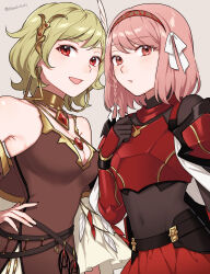 Rule 34 | 2girls, :d, absurdres, armor, bare shoulders, belt, black belt, blonde hair, breastplate, breasts, brown dress, citrinne (fire emblem), cleavage, commentary, covered navel, dress, feather hair ornament, feathers, fire emblem, fire emblem engage, grey background, hair ornament, hairband, hand on own hip, highres, lapis (fire emblem), looking at viewer, medium breasts, multiple girls, nintendo, open mouth, peach11 01, pink eyes, pink hair, red eyes, red hairband, red skirt, short hair, simple background, skirt, smile, upper body