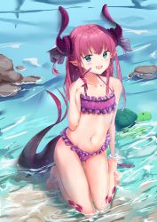 Rule 34 | 10s, 1girl, :d, absurdres, animal, asymmetrical horns, bare legs, bare shoulders, barefoot, bikini, black ribbon, blue eyes, blush, collarbone, commentary request, curled horns, day, dragon girl, dragon horns, dragon tail, elizabeth bathory (fate), elizabeth bathory (fate/extra ccc), fang, fate/extra, fate/extra ccc, fate (series), frilled bikini, frills, hair between eyes, hair ribbon, halterneck, highres, horns, kneeling, kuse (0201), long hair, navel, official alternate costume, open mouth, outdoors, pink hair, polka dot, polka dot bikini, purple bikini, ribbon, rock, smile, solo, swimsuit, tail, turtle, two side up, uneven horns, v-shaped eyebrows, very long hair, water
