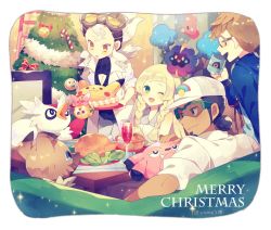 Rule 34 | 2boys, 2girls, baseball cap, blonde hair, braid, breasts, brown hair, burnet (pokemon), candy, candy cane, christmas tree, cleavage, closed eyes, cosmog, creatures (company), cup, dark-skinned male, dark skin, delibird, drinking glass, facial hair, food, game freak, gen 1 pokemon, gen 2 pokemon, gen 3 pokemon, gen 7 pokemon, glasses, goatee, green eyes, hat, kukui (pokemon), lab coat, ladder, legendary pokemon, lillie (pokemon), long hair, luvdisc, meme attire, merry christmas, molayne (pokemon), multiple boys, multiple girls, nintendo, one eye closed, open-chest sweater, open mouth, pikachu, pokemon, pokemon (creature), pokemon sm, rockruff, rowlet, short hair, sleeveless, snubbull, sparkle, sunglasses, sweater, table, twin braids, white hair, wine glass, yellow eyes, yumenouchi chiharu