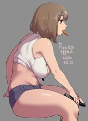 Rule 34 | 1girl, 2020, agawa ryou, bare shoulders, belly, breasts, brown eyes, brown hair, commentary, controller, dated, food in mouth, grey background, large breasts, original, plump, remote control, shirt, short hair, short shorts, shorts, signature, simple background, solo, thick thighs, thighs, tied shirt