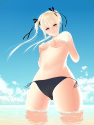 Rule 34 | 1girl, bad id, bad pixiv id, bikini, black bikini, blonde hair, blue eyes, breasts, commentary request, covering privates, covering breasts, dead or alive, highres, jii (user ihp6405), long hair, marie rose, ocean, small breasts, smile, solo, string bikini, swimsuit, topless, twintails, wading, water