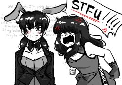 Rule 34 | 2girls, anger vein, angry, animal ears, artist name, black bow, black bowtie, black coat, black hair, blush, bow, bowtie, chainsaw man, china dress, chinese clothes, coat, detached collar, dress, facing another, fake animal ears, gloves, greyscale, leotard, long hair, looking at viewer, mitaka asa, monochrome, multiple girls, open mouth, osulan, playboy bunny, rabbit ears, side-tie dress, simple background, smile, spot color, sweat, white background, yoru (chainsaw man)