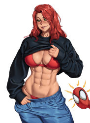 Rule 34 | 1boy, 1girl, abs, biting own lip, blush, bra, breasts, cleavage, clothes lift, green eyes, highres, looking to the side, marvel, mary jane watson, mootium, muscular, muscular female, panties, pants, red hair, shirt lift, solo, spider-man (series), track pants, underwear, white background