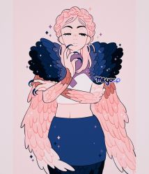 Rule 34 | 1girl, artist name, bad id, bad instagram id, bird girl, braid, cowboy shot, crown braid, closed eyes, feathers, fingernails, highres, long fingernails, long sleeves, looking at viewer, meyoco, midriff, nail polish, navel, original, pink background, pink hair, purple skirt, simple background, skirt, sleeveless, solo, sparkle, winged arms, wings