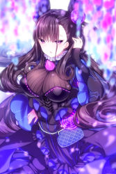 Rule 34 | 1girl, black dress, blurry, blurry foreground, blush, breasts, brown hair, closed mouth, commentary request, cone hair bun, depth of field, dress, fate/grand order, fate (series), frilled dress, frills, hair between eyes, hair bun, hair ornament, hand up, kabocha usagi, large breasts, long hair, long sleeves, looking at viewer, murasaki shikibu (fate), purple eyes, sidelocks, sleeves past wrists, solo, two side up, very long hair, wide sleeves