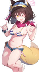 Rule 34 | 1girl, absurdres, bikini, blue archive, blue shorts, blush, breasts, brown hair, double fox shadow puppet, fang, feet out of frame, fingernails, fox shadow puppet, fox tail, halo, highres, izuna (blue archive), izuna (swimsuit) (blue archive), looking at viewer, medium breasts, navel, official alternate costume, one eye closed, open mouth, pink halo, pink scarf, scarf, short hair, short shorts, shorts, simple background, skin fang, smile, solo, somray, striped bikini, striped clothes, swimsuit, tail, white background, yellow eyes