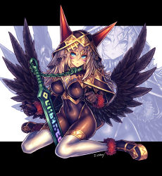 Rule 34 | 1girl, black capelet, black feathers, black footwear, black gloves, black wings, blue eyes, bodysuit, breasts, brown bodysuit, brown hair, capelet, chain, closed mouth, collar, commentary request, covered navel, demon girl, elbow gloves, facial mark, fake horns, feathered wings, feathers, fingernails, full body, gloves, hair between eyes, highres, horned headwear, horns, large breasts, letterboxed, long hair, looking at viewer, low wings, original, outside border, planted, planted sword, planted weapon, restrained, runes, saltydanshark, sharp fingernails, shiny clothes, shoes, signature, sitting, solo, spiked hair, spread wings, sword, thighhighs, veil, wariza, weapon, white background, white thighhighs, wings, zoom layer