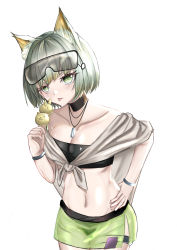 Rule 34 | 1girl, :p, absurdres, animal ears, arknights, bandeau, black choker, breasts, cat ears, choker, cleavage, collarbone, commentary request, cowboy shot, food, goggles, goggles on head, green eyes, green hair, green skirt, hand on own hip, hand up, highres, holding, holding food, jewelry, kal&#039;tsit (arknights), looking at viewer, midriff, miniskirt, navel, necklace, official alternate costume, partial commentary, popsicle, putcho, short hair, simple background, skirt, solo, standing, stomach, strapless, thigh strap, tongue, tongue out, tube top, white background