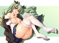 Rule 34 | 10s, 1girl, anchovy (girls und panzer), anus, anzio school uniform, blue skirt, blush, breasts, breasts out, clothes pull, collarbone, covering privates, covering crotch, cum, cum in pussy, cum on body, cum on breasts, cum on lower body, cum on upper body, dress shirt, drill hair, female masturbation, full body, girls und panzer, green hair, hair ribbon, long hair, long sleeves, looking at viewer, masturbation, medium breasts, nipples, no panties, open clothes, ouma tokiichi, pantyhose, pantyhose pull, red eyes, ribbon, school uniform, shiny skin, shirt, skirt, solo, sweat, twin drills, white pantyhose