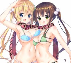 Rule 34 | 2girls, :d, arm up, armpits, asymmetrical docking, beads, bikini, blend s, blonde hair, blue bikini, blue eyes, blunt bangs, breast press, breasts, brown hair, cleavage, commentary request, company connection, crossover, gochuumon wa usagi desu ka?, green bikini, green eyes, hair beads, hair between eyes, hair ornament, hinata kaho, kurou (quadruple zero), large breasts, long hair, looking at viewer, manga time kirara, matching hairstyle, multiple girls, navel, open mouth, plaid, plaid scarf, scarf, shared clothes, shared scarf, side-tie bikini bottom, simple background, smile, standing, swimsuit, twintails, ujimatsu chiya, upper body, very long hair, white background
