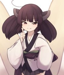 Rule 34 | 1girl, ahoge, black skirt, blurry, blurry background, blush, brown background, brown eyes, brown hair, closed mouth, commentary request, depth of field, gradient background, headgear, japanese clothes, kimono, long hair, long sleeves, natsuki teru, obi, pleated skirt, sash, short kimono, skirt, sleeves past fingers, sleeves past wrists, smile, solo, touhoku kiritan, voiceroid, white background, white kimono, wide sleeves