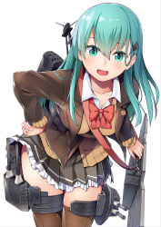 Rule 34 | 10s, 1girl, :d, aqua eyes, aqua hair, ascot, blazer, blush, breasts, brown thighhighs, byte (allbyte), cannon, cowboy shot, flight deck, green eyes, green hair, hair between eyes, hair ornament, hairclip, hand on own hip, harness, highres, jacket, kantai collection, large breasts, leaning forward, long hair, looking at viewer, machinery, open mouth, pleated skirt, remodel (kantai collection), school uniform, skirt, smile, solo, suzuya (kancolle), thighhighs, thighs, turret