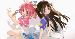 2girls absurdres akemi_homura belt black_hair bow braid chinese_commentary closed_mouth commentary_request crown_braid feet_out_of_frame floating_hair hair_bow happy high_belt highres holding holding_paintbrush kaname_madoka long_hair looking_at_viewer loose_hair_strand lower_teeth_only mahou_shoujo_madoka_magica mahou_shoujo_madoka_magica_(anime) multiple_girls official_alternate_costume open_mouth overalls paint paint_can paint_on_clothes paint_splatter paint_splatter_on_face paintbrush pink_eyes pink_hair ponytail purple_eyes purple_shirt shadow shan_tong_tong shirt short_sleeves sitting smile snapping_fingers squatting star_(symbol) t-shirt teeth very_long_hair weibo_watermark white_background white_belt white_bow white_overalls wind