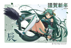 Rule 34 | 1girl, black gloves, boots, breasts, chinese zodiac, closed mouth, commentary request, dragon girl, dragon horns, dragon tail, falling leaves, fingerless gloves, gloves, green eyes, green hair, holding, holding sword, holding weapon, horns, kimura shigetaka, large breasts, leaf, long hair, looking at viewer, original, pointy ears, sheath, sheathed, smile, solo, sword, tail, thighs, very long hair, watermark, weapon, web address, white footwear, year of the dragon