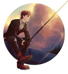 Rule 34 | 1boy, absurdres, black pants, diamant (fire emblem), fire emblem, fire emblem engage, fishing rod, highres, holding, holding fishing rod, male focus, nintendo, official alternate costume, outdoors, pants, red eyes, red footwear, red hair, umi ( oneinchswing)