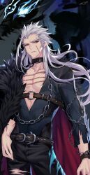 Rule 34 | 1boy, barefoot, collarbone, english text, fingernails, grey eyes, grey hair, hero cantare, highres, long eyebrows, long hair, long sleeves, looking at viewer, male focus, muzaka (noblesse), noblesse, official art, scar, scar on face, sharp fingernails, sitting, smile, teeth, torn clothes, yagaaaa