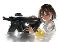 Rule 34 | 1girl, black pantyhose, blouse, brown eyes, brown hair, from side, hair between eyes, leg grab, leg lift, lips, looking at viewer, original, pantyhose, partially submerged, see-through, shiny clothes, shirt, short hair, simple background, water, wet, wet clothes, wet pantyhose, white shirt, yomu (sgt epper)