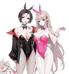 Rule 34 | 3girls, animal ears, black eyes, black hair, black leotard, blonde hair, bow, bowtie, breasts, crow (nikke), ear piercing, fishnets, goddess of victory: nikke, highleg, highleg leotard, highres, jackal (nikke), large breasts, leotard, long hair, looking at viewer, mouth hold, multiple girls, ohisashiburi, piercing, playboy bunny, rabbit ears, rabbit tail, red eyes, short hair, simple background, smile, strapless, strapless leotard, tail, viper (nikke), white background, wrist cuffs