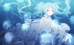 Rule 34 | 1girl, bare shoulders, blue eyes, blue hair, blue theme, collar, commentary, dress, frilled collar, frilled dress, frills, hatsune miku, highres, jellyfish, light particles, long hair, looking at viewer, ribbon, smile, solo, spaghetti strap, twintails, umeko 208, underwater, upper body, very long hair, vocaloid, white dress, wrist ribbon