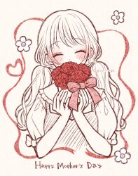 Rule 34 | 1girl, blush, bow, closed eyes, covering own mouth, cropped torso, dot nose, dress, facing viewer, flower, frilled dress, frills, ginniroya, happy mother&#039;s day, hatching (texture), highres, linear hatching, long bangs, long hair, low twintails, mother&#039;s day, original, partially colored, pink bow, red flower, short sleeves, sidelocks, solo, twintails, twitter username