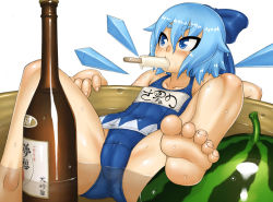 Rule 34 | circled 9, 1girl, adapted costume, barefoot, blue eyes, blue hair, bow, cameltoe, character name, cirno, eyebrows, feet, food, foreshortening, fruit, hair bow, jon henry nam, matching hair/eyes, mundane utility, name tag, one-piece swimsuit, popsicle, school swimsuit, short hair, solo, spread legs, swimsuit, thick eyebrows, toes, touhou, watermelon, wings