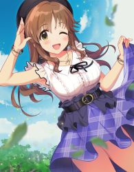 Rule 34 | 1girl, belt, beret, black hat, blush, bracelet, breasts, brown eyes, brown hair, commentary request, earrings, hair down, hand up, hat, heart, heart necklace, highres, idolmaster, idolmaster cinderella girls, idolmaster cinderella girls starlight stage, jewelry, large breasts, looking at viewer, natsuya (natuya777), necklace, one eye closed, open mouth, purple skirt, skirt, skirt hold, smile, solo, totoki airi