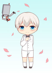 Rule 34 | 1boy, absurdres, alternate costume, arlene (ju), black footwear, blue background, blue eyes, blush, chibi, closed mouth, gradient background, hair between eyes, hand on own chest, heart, highres, jacket, jewelry, kneehighs, long sleeves, looking at viewer, male focus, nier:automata, nier (series), ornate ring, petals, pocket, pod (nier:automata), ring, ring box, shirt, short shorts, shorts, silver hair, smile, socks, solo, standing, wedding ring, white background, white jacket, white shirt, white shorts, white socks, 9s (nier:automata)