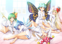 Rule 34 | 5girls, :d, ^ ^, all fours, antennae, arm up, arms up, ass, bare legs, barefoot, bed sheet, blonde hair, blue bow, blue eyes, blue hair, blue panties, blush, bow, bow panties, breasts, brown eyes, butterfly wings, chima q, cirno, closed eyes, clownpiece, collarbone, commentary request, cup, daiyousei, eternity larva, facing viewer, fairy wings, from behind, green eyes, green hair, hair between eyes, hair bow, hand up, hands on headwear, hat, hat bow, highres, holding, holding cup, ice, ice wings, indoors, insect wings, jester cap, leaf, leaf on head, lily white, long hair, long sleeves, looking at viewer, looking back, lying, mug, multiple girls, no pants, on back, on side, open mouth, panties, pantyshot, polka dot headwear, red bow, red eyes, red hat, shirt, short hair, side ponytail, sitting, small breasts, smile, striped clothes, striped panties, thighs, touhou, underwear, very long hair, wariza, white hat, white panties, white shirt, window, wings, yellow bow, yellow panties