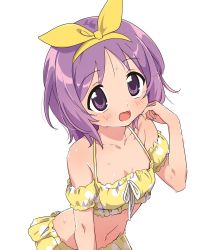 Rule 34 | 1girl, :d, bare shoulders, bikini, bikini skirt, blush, bow, bow hairband, breasts, collarbone, commentary request, detached sleeves, dripping, hairband, hand up, happy, highres, hiiragi tsukasa, hotaru iori, ichimi renge, linea alba, looking at viewer, lucky star, medium hair, navel, open mouth, polka dot, polka dot bikini, purple eyes, purple hair, second-party source, short sleeves, simple background, smile, solo, split mouth, swimsuit, water drop, wet, wet hair, white background, yellow bikini, yellow bow, yellow hairband, yellow sleeves