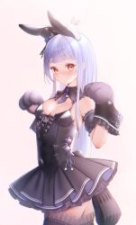 Rule 34 | 1girl, animal ears, animal hands, bare shoulders, black dress, black hat, black thighhighs, blue hair, blue necktie, blunt bangs, blush, breasts, cat paws, center frills, covered navel, detached collar, detached sleeves, drawstring, dress, frills, gradient hair, hat, highres, hololive, layered skirt, leotard, long hair, looking at viewer, medium breasts, mini hat, mini top hat, multicolored hair, necktie, nose blush, official alternate costume, playboy bunny, puffy short sleeves, puffy sleeves, rabbit ears, rryiup, short dress, short eyebrows, short necktie, short sleeves, simple background, skirt, solo, thighhighs, tilted headwear, top hat, usada pekora, usada pekora (furi furi bunny dress), very long hair, virtual youtuber, white background, white hair, wrist cuffs, zettai ryouiki