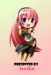 Rule 34 | 1girl, :d, artist name, bad id, bad pixiv id, benika (benikaone), blue eyes, boots, chibi, cross-laced footwear, gradient background, headphones, lace-up boots, long hair, megurine luka, navel, open mouth, pink hair, side slit, smile, solo, star (symbol), thighhighs, v, very long hair, vocaloid