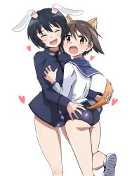 Rule 34 | 2girls, animal ears, ass, black hair, blush, brave witches, grabbing another&#039;s breast, breasts, brown eyes, closed eyes, dog ears, dog tail, dress, grabbing, highres, large breasts, looking back, military, military uniform, miyafuji yoshika, multiple girls, open mouth, rabbit ears, rabbit girl, sailor dress, shimohara sadako, shiny clothes, shiny skin, short hair, simple background, smile, strike witches, swimsuit, tail, uniform, vr46, white background, world witches series, yuri