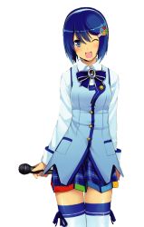 Rule 34 | 1girl, 7-tan, blue eyes, blue hair, blush, madobe nanami, matching hair/eyes, microphone, official art, one eye closed, os-tan, skirt, smile, solo, thighhighs, transparent background, wakaba sprout, windows 7, wink, zettai ryouiki