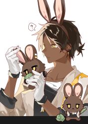 Rule 34 | 1boy, ?, animal ears, arknights, black hair, black shirt, brown jacket, choshanland plushy (arknights), commentary, dark-skinned male, dark skin, earrings, fake animal ears, gloves, highres, holding, holding stuffed toy, jacket, jewelry, male focus, nsi (2312 0120), rabbit ears, shirt, short hair, short ponytail, simple background, solo, spoken question mark, stuffed toy, table, thorns (arknights), upper body, white background, white gloves, white shirt, yellow eyes