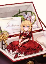 Rule 34 | 1girl, absurdres, blonde hair, blue eyes, bow, bowtie, box, character name, choker, doll joints, dress, expressionless, flower, full body, hair ribbon, highres, joints, key, looking at viewer, medicine melancholy, pillow, puffy short sleeves, puffy sleeves, red bow, red bowtie, red dress, red footwear, red ribbon, ribbon, ribbon-trimmed dress, shan, shoes, unworn shoes, short sleeves, sitting, socks, solo, su-san, touhou, white socks, winding key