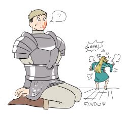 Rule 34 | 1boy, 1girl, ?, absurdres, anger vein, angry, armor, blonde hair, blue capelet, blue robe, boots, bound, bound arms, bracer, breastplate, brown footwear, capelet, clenched hands, commentary, confused, dungeon meshi, elf, findoworld, gorget, highres, laios thorden, marcille donato, pants, pauldrons, pointy ears, ponytail, robe, sandals, shirt, shoulder armor, signature, slap mark, speech bubble, spoken anger vein, spoken question mark, sweatdrop, symbol-only commentary, walking away, white background, white pants, white shirt, yellow eyes