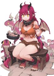 Rule 34 | 1girl, ahoge, barefoot, bone, bowl, brown shorts, chicken (food), commentary, crop top, dragon, dragon horns, dragon wings, food, highres, holding, holding bowl, holding food, horns, jun (navigavi), long hair, looking at viewer, midriff, navel, orange tank top, original, purple hair, short shorts, shorts, sitting, smile, solo, stomach, tank top, thighs, very long hair, white background, wings, yellow eyes