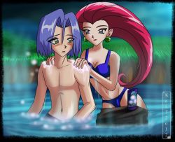 Rule 34 | 1boy, 1girl, artist name, artist request, bathing, bikini, black border, black male swimwear, black swim trunks, blue bikini, blue eyes, blue hair, blush, border, breasts, cleavage, closed mouth, collarbone, creatures (company), dated, earrings, embarrassed, eye contact, flipped hair, from side, game freak, grass, green eyes, hair intakes, hands on another&#039;s shoulders, hip focus, james (pokemon), jessie (pokemon), jewelry, leaning forward, light smile, lipstick, long hair, looking at another, makeup, male swimwear, medium breasts, mixed-sex bathing, navel, night, night sky, nintendo, onsen, outdoors, parted lips, partially submerged, pokemon, pokemon (anime), raised eyebrows, red hair, red lips, rock, shared bathing, sky, smile, soap bottle, soap bubbles, source request, steam, straight hair, swim trunks, swimsuit, team rocket, topless male, very long hair, wading, washing, water