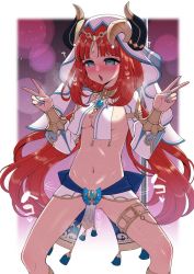 Rule 34 | 1girl, ?, blush, breasts, crop top, detached sleeves, double v, genshin impact, hanauna, harem outfit, heavy breathing, highres, horns, jewelry, long hair, long sleeves, medium breasts, mind control, navel, nilou (genshin impact), pelvic curtain, puffy sleeves, red hair, solo, stomach, translation request, v, veil