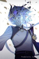 Rule 34 | 1boy, artist name, bleeding, blood, blood on face, blue eyes, broken mask, centmeter, chinese clothes, commentary request, crack, fate/grand order, fate (series), grey hair, hair between eyes, horned mask, injury, long sleeves, looking at viewer, male focus, mask, masked, prince of lan ling (fate), shirt, short hair, smile, solo, upper body