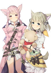 Rule 34 | 2girls, animal ears, bell, belt, bike shorts, black shorts, blush, brown belt, cat ears, cat girl, cat tail, coat, commentary request, dog ears, dog girl, dog tail, fang, fang out, final fantasy, final fantasy xiv, fingernails, green eyes, hair bell, hair ornament, head tilt, highres, hugging object, jacket, jingle bell, khloe aliapoh, light brown hair, long sleeves, looking at viewer, low twintails, miqo&#039;te, multiple girls, pink coat, pink hair, puffy shorts, red eyes, short sleeves, shorts, simple background, slit pupils, smile, stuffed animal, stuffed toy, sweater, t&#039;kebbe, tail, teddy bear, twintails, white background, white jacket, white shorts, white sweater, yana mori