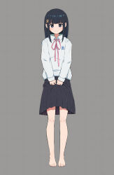 Rule 34 | 1girl, absurdres, barefoot, black hair, black skirt, blunt bangs, blush, chinese commentary, closed mouth, collared shirt, commentary request, eyelashes, feet, grey background, grey shirt, hair ornament, hairclip, highres, long hair, long sleeves, looking at viewer, neck ribbon, original, patterned background, pink ribbon, pleated skirt, purple eyes, qiufengxiaose, ribbon, school uniform, shadow, shirt, skirt, skirt hold, sleeves past wrists, solo, standing, toes
