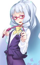 Rule 34 | 1girl, :d, aikatsu!, aikatsu! (series), bow, bowtie, drill hair, glasses, h kasei, long hair, looking at viewer, open mouth, pink-framed eyewear, red eyes, riding crop, shirogane lily, silver hair, smile, solo, yellow bow, yellow bowtie